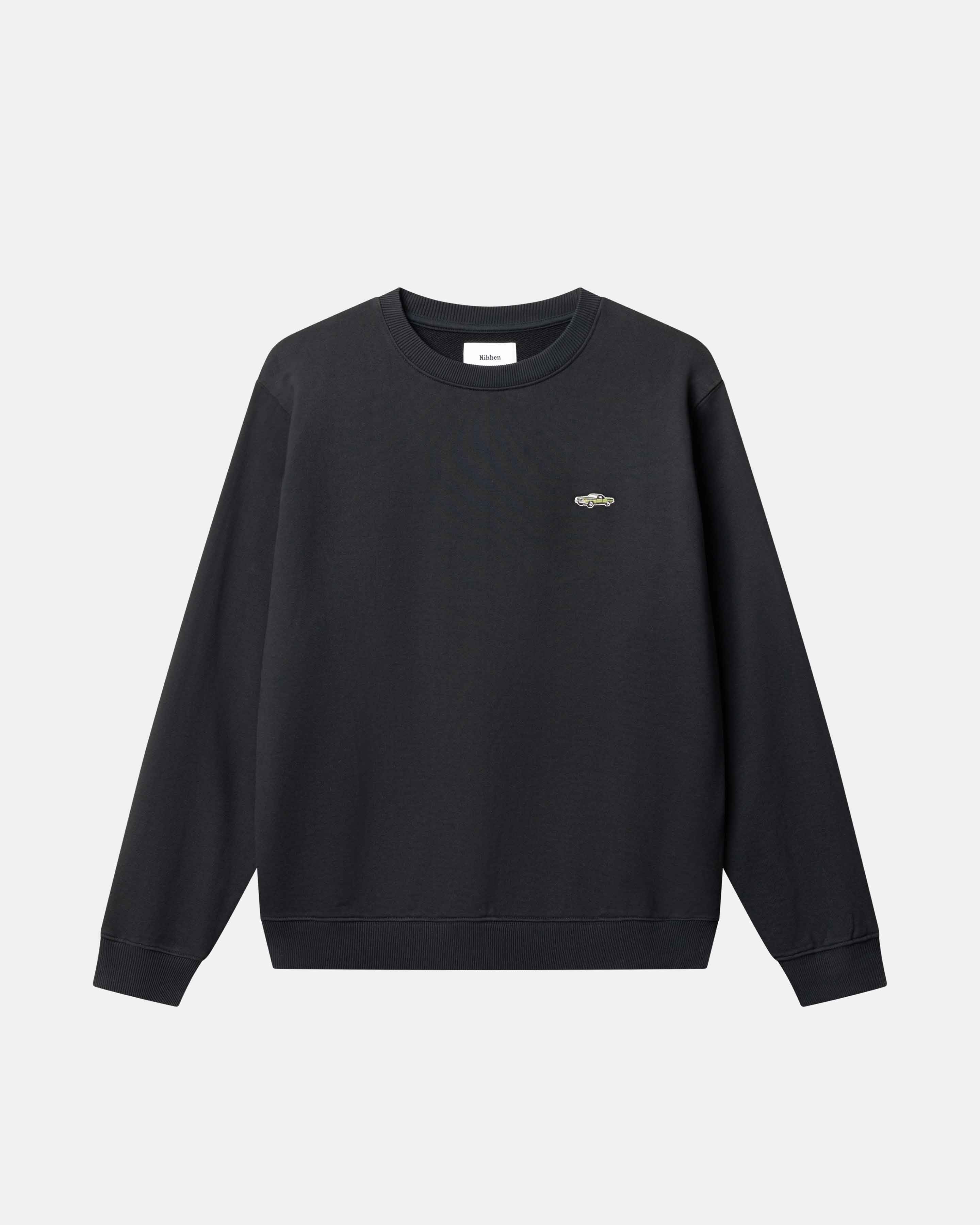 Black sweatshirt with a small logo on chest
