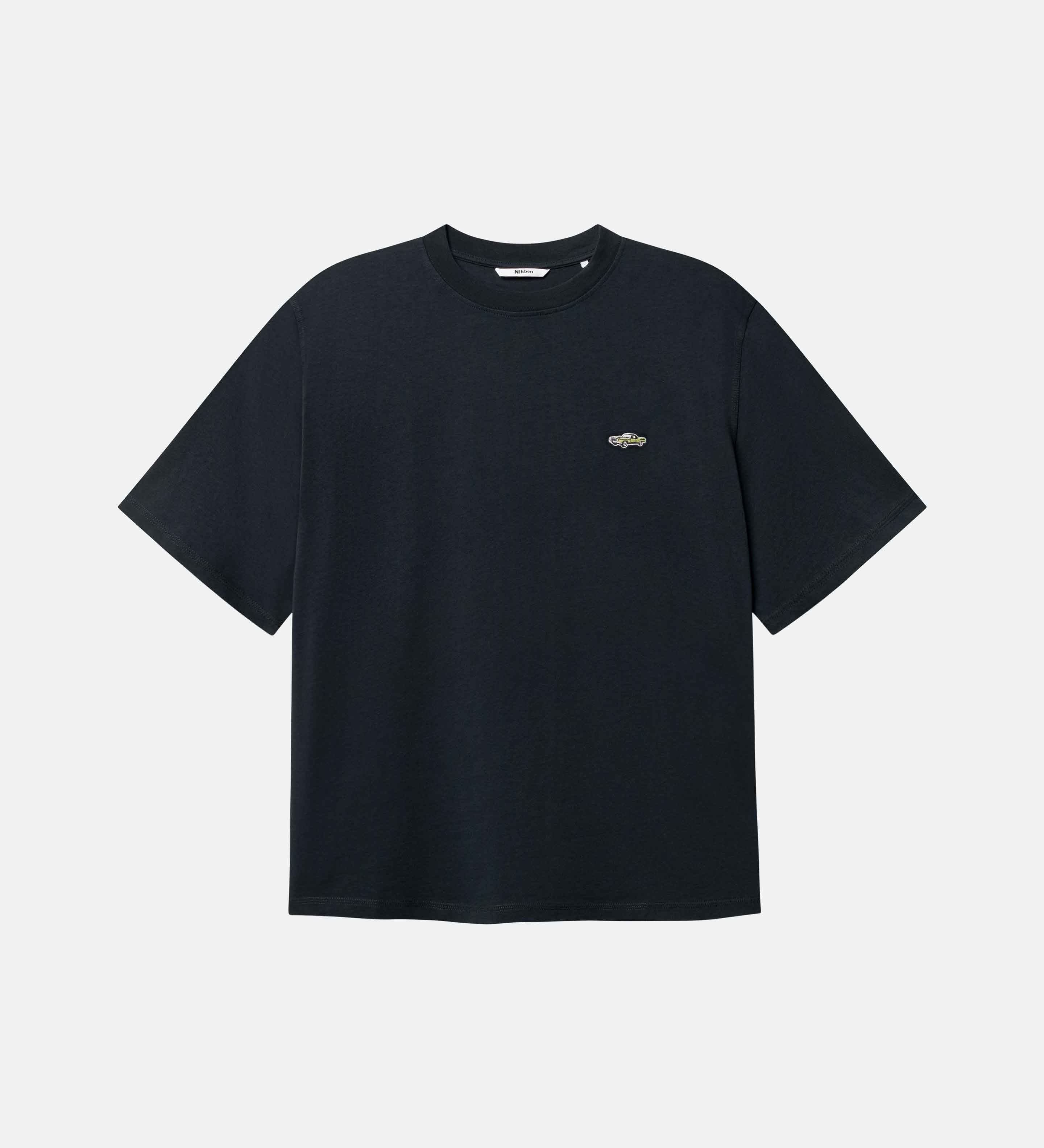 Black t-shirt with a small logo on chest