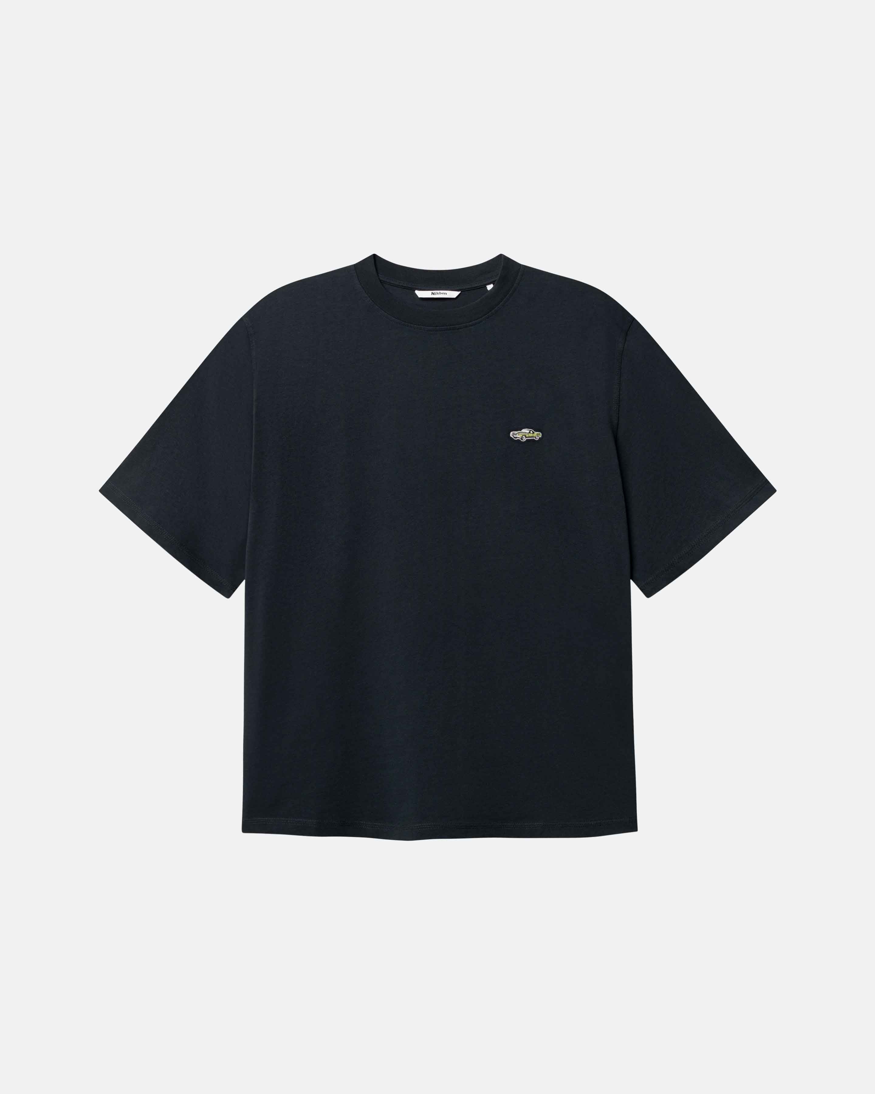 Black t-shirt with a small logo on chest