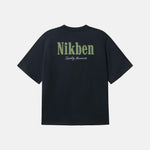 Black t-shirt with 'Nikben' logo in green on the back 