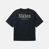 Black t-shirt with 'Nikben' logo in green on the back 
