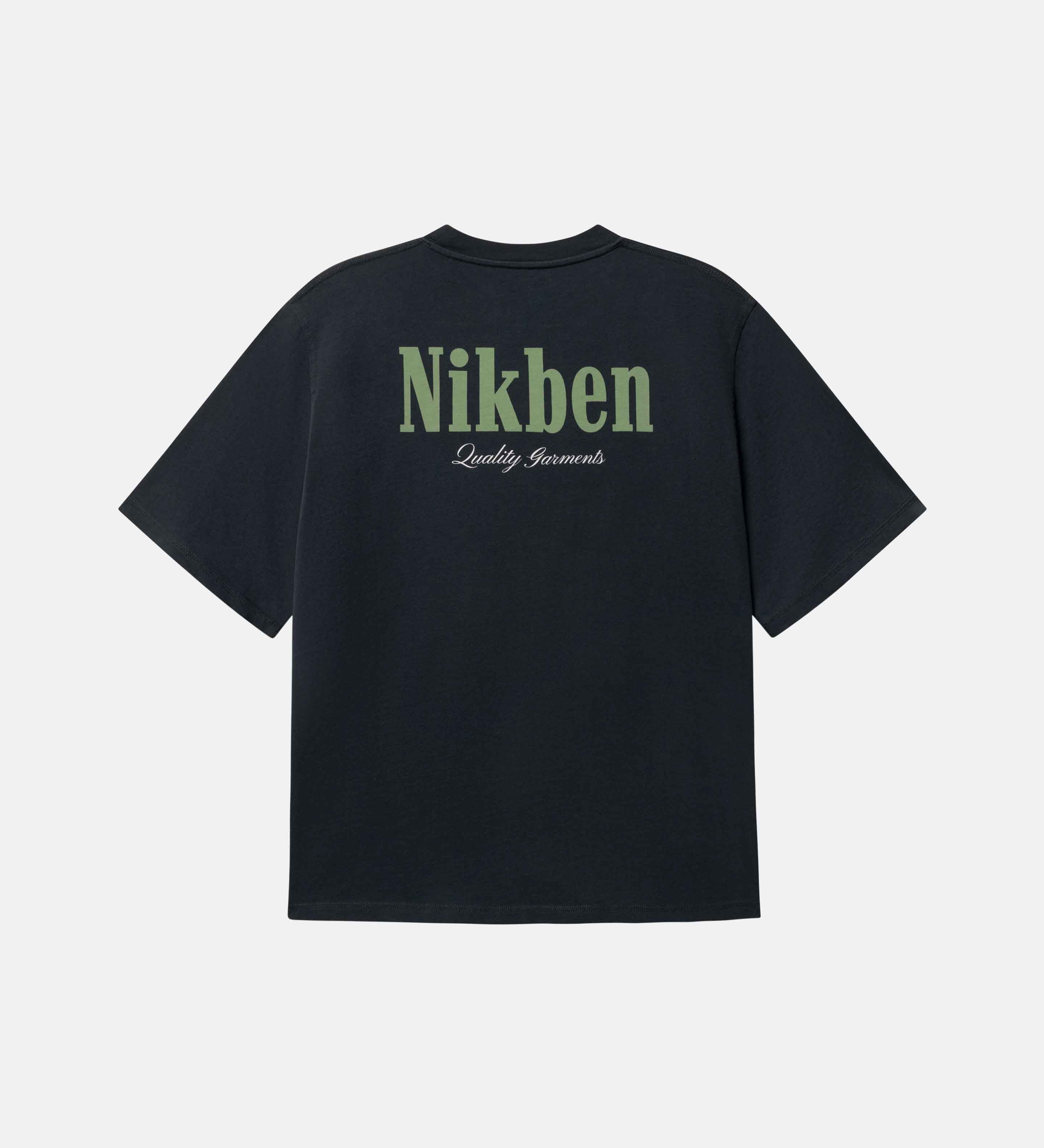 Black t-shirt with 'Nikben' logo in green on the back 