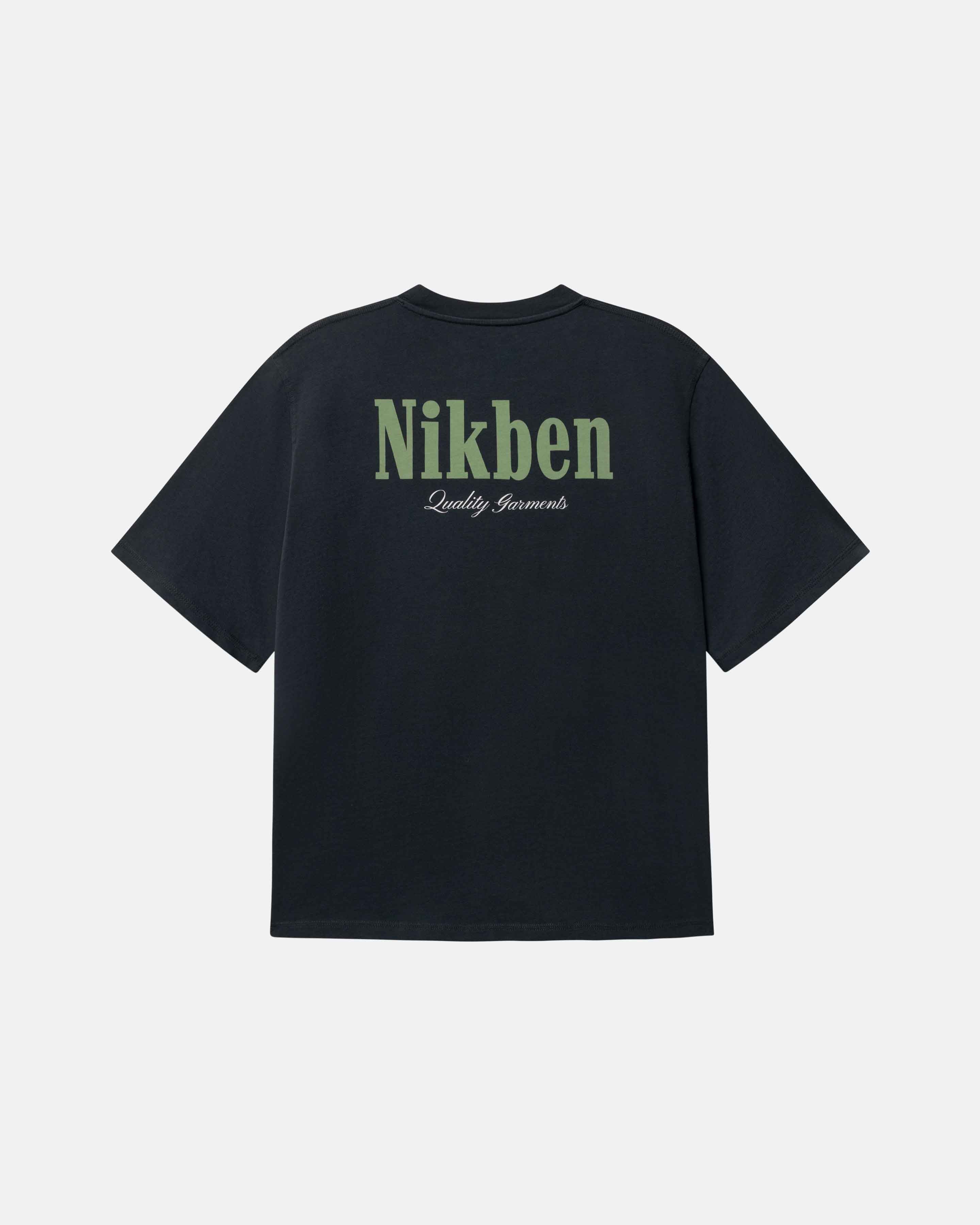 Black t-shirt with 'Nikben' logo in green on the back 