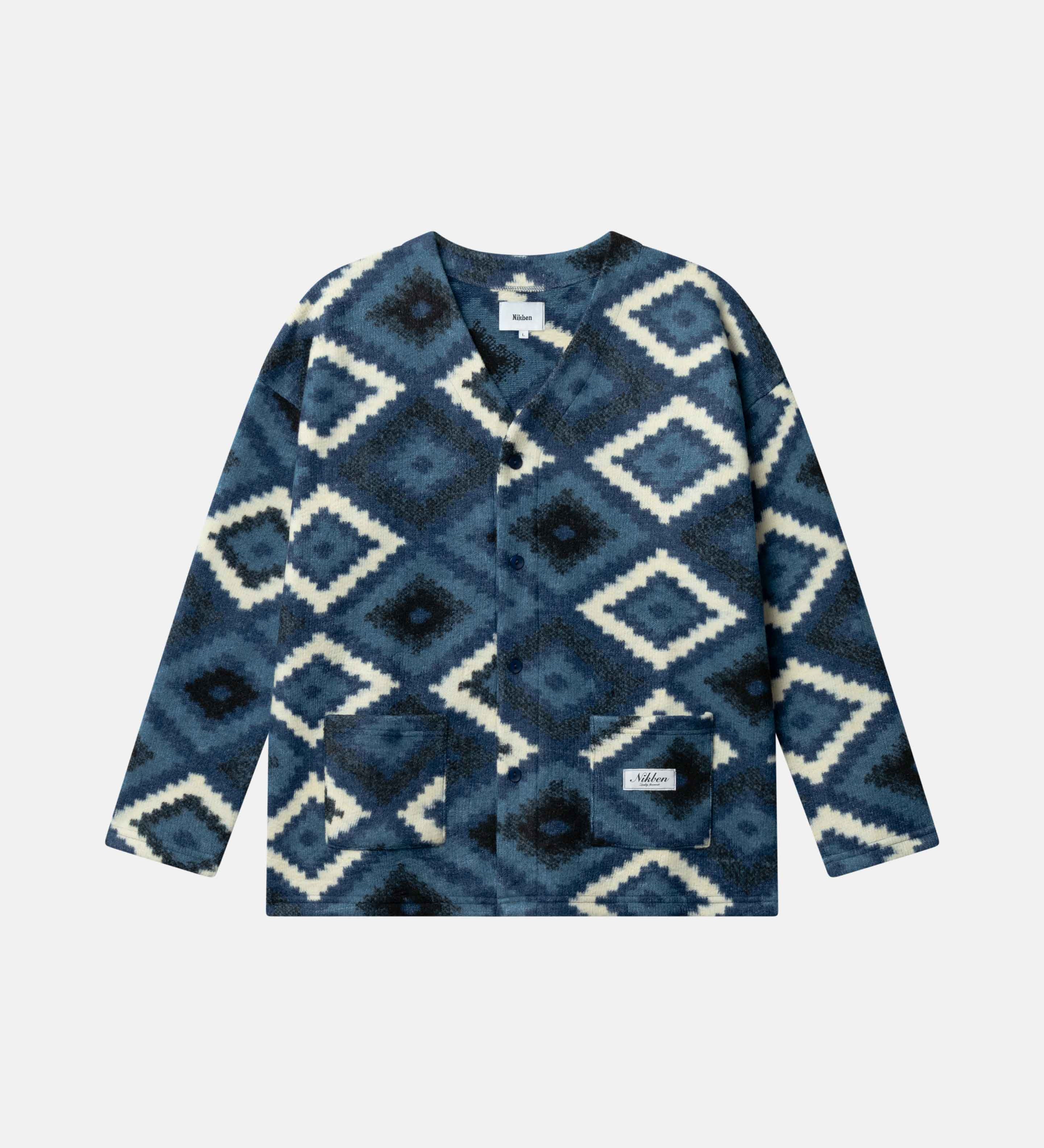 Blue and white Ikat diamond patterned cardigan 