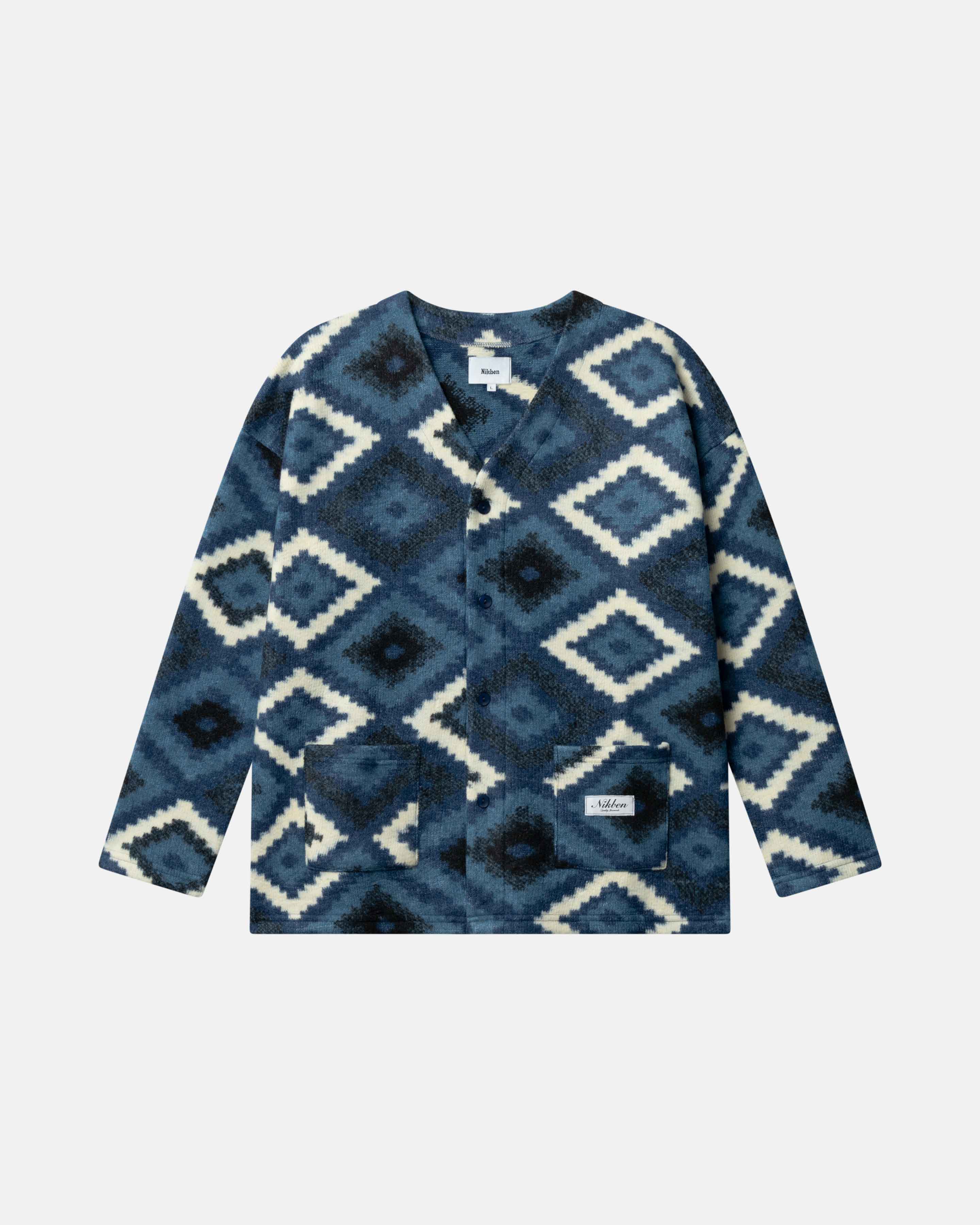 Blue and white Ikat diamond patterned cardigan 