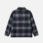 Backside of navy grey checkered shirt.