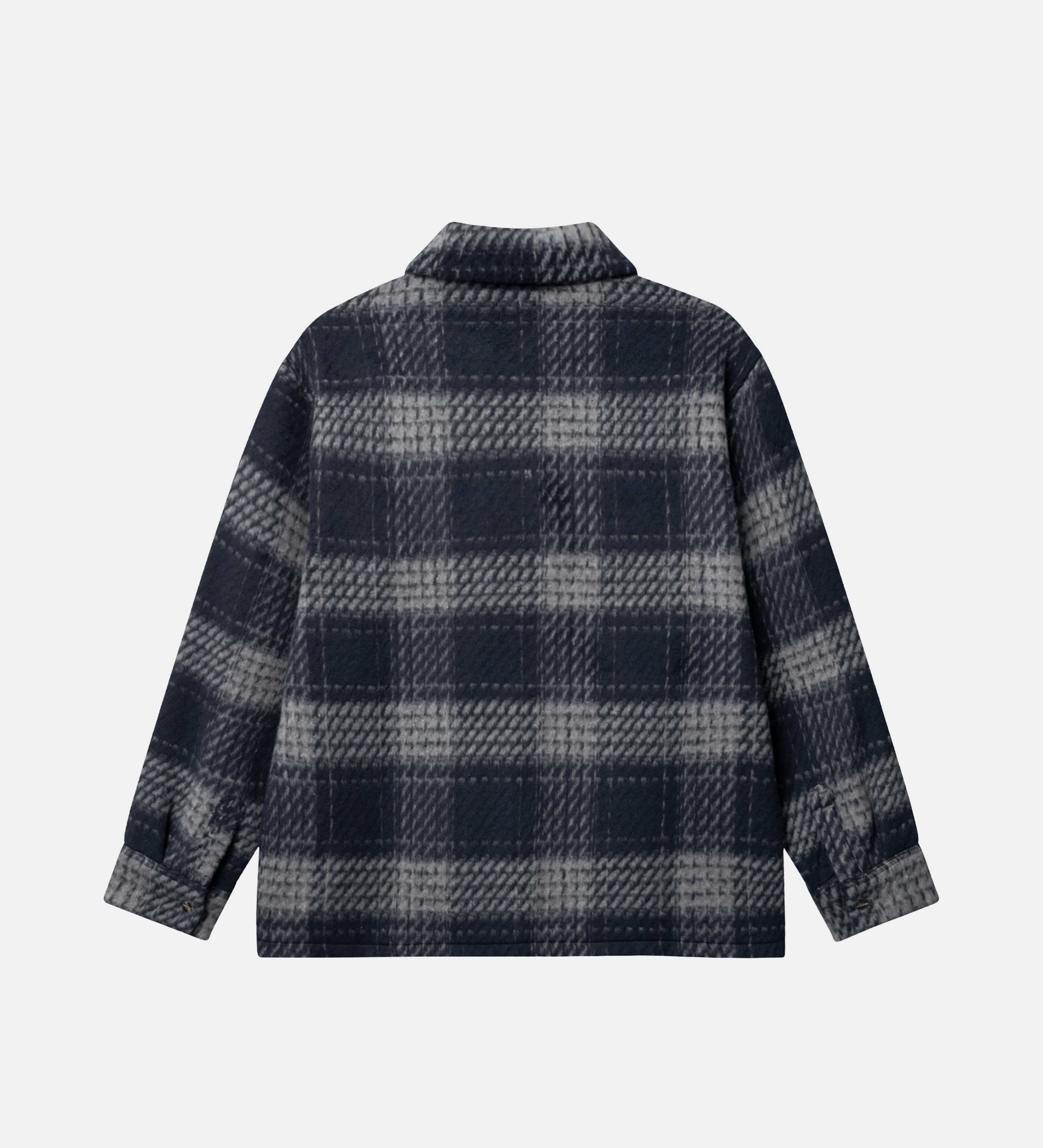 Backside of navy grey checkered shirt.