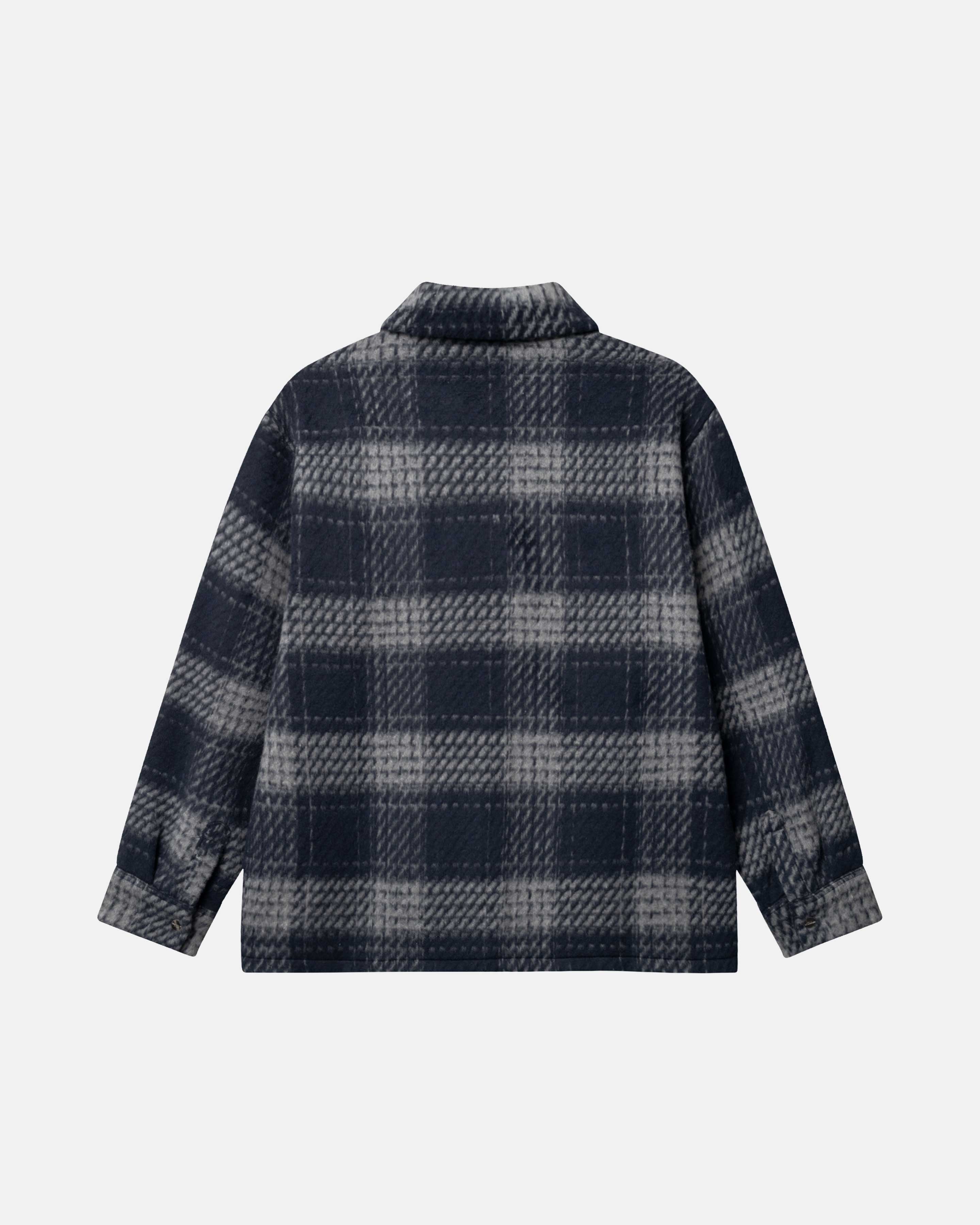 Backside of navy grey checkered shirt.