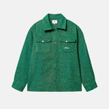 Green hemmingbone patterned shirt with two button down breast pockets, small logo in white on a pocket.