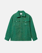 Green hemmingbone patterned shirt with two button down breast pockets, small logo in white on a pocket.