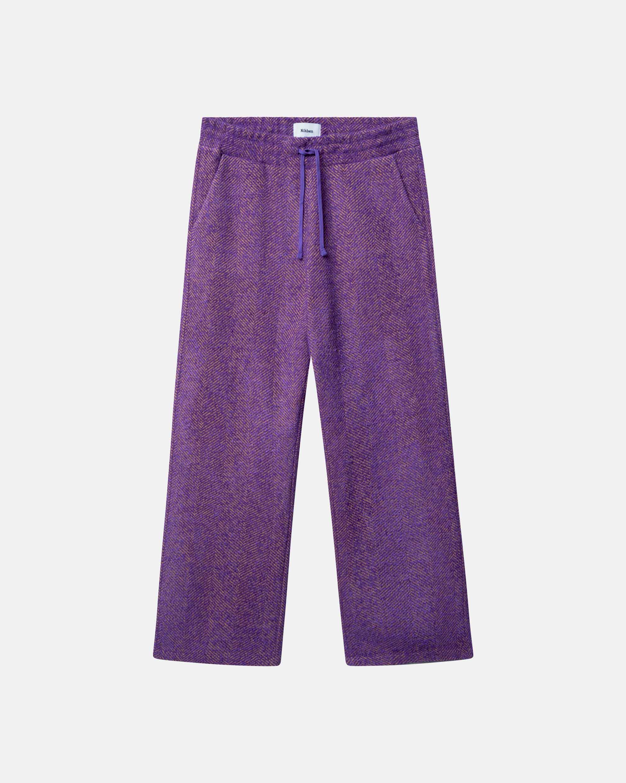 Purple pants with herringbone pattern and drawstring 