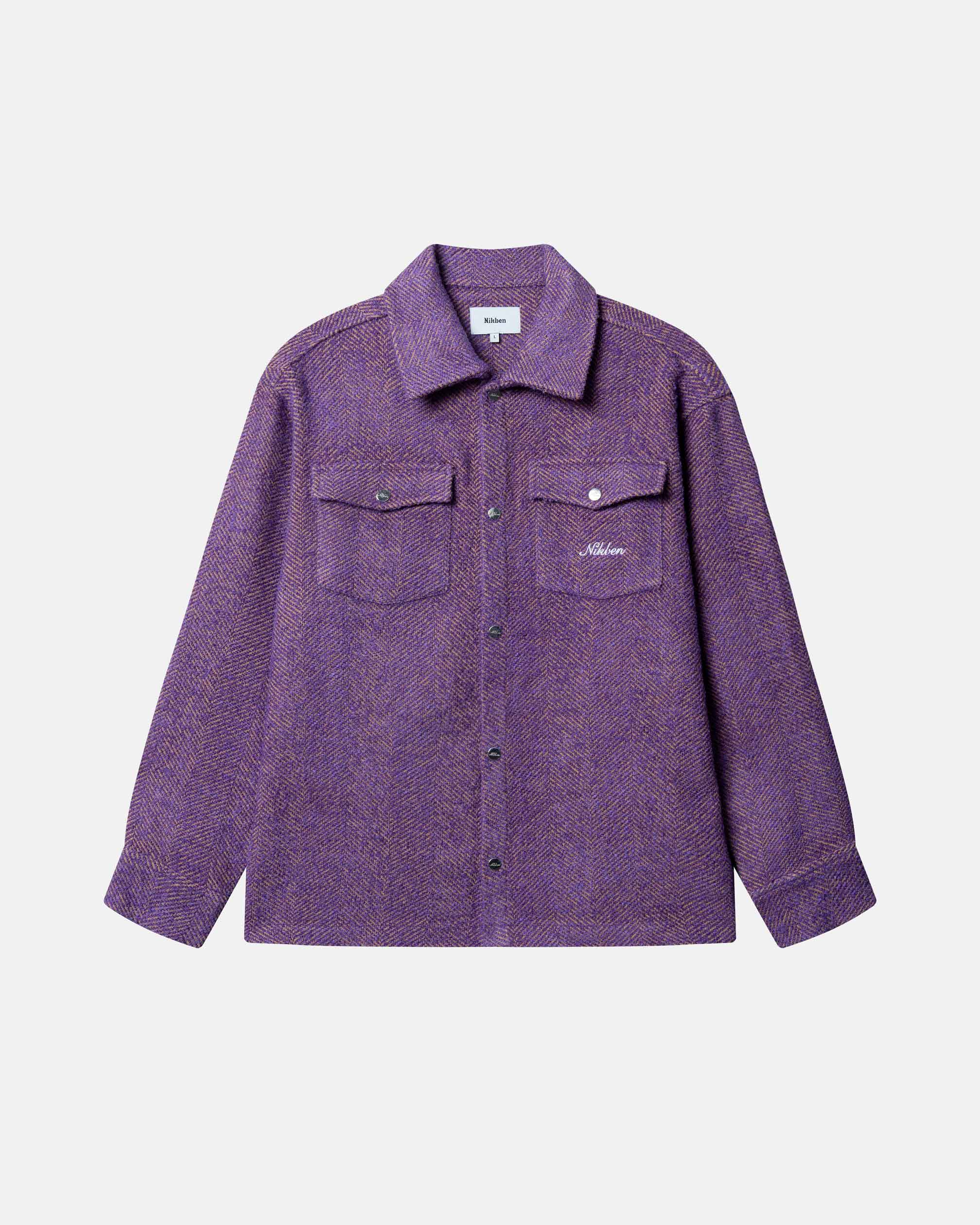 Purple overshirt with herringbone pattern two front button down pockets with small logo in white