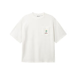 White T-shirt with green palm print and red NIKBEN logo on front pocket