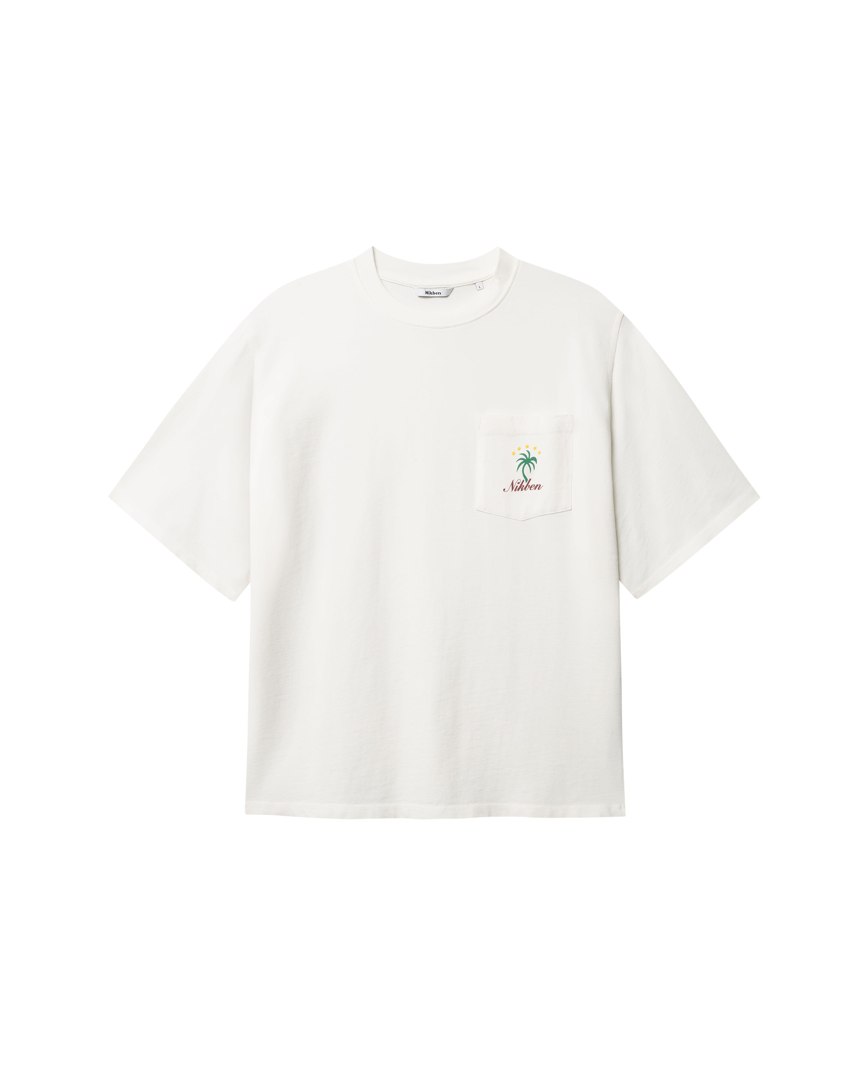 White T-shirt with green palm print and red NIKBEN logo on front pocket