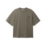 Green T-shirt with green palm print and red NIKBEN logo on front pocket