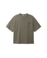 Green T-shirt with green palm print and red NIKBEN logo on front pocket