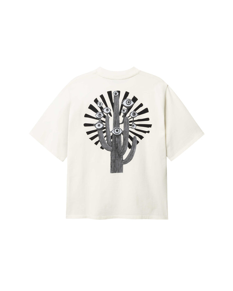 Cream colored T-shirt with black cactus print on the back