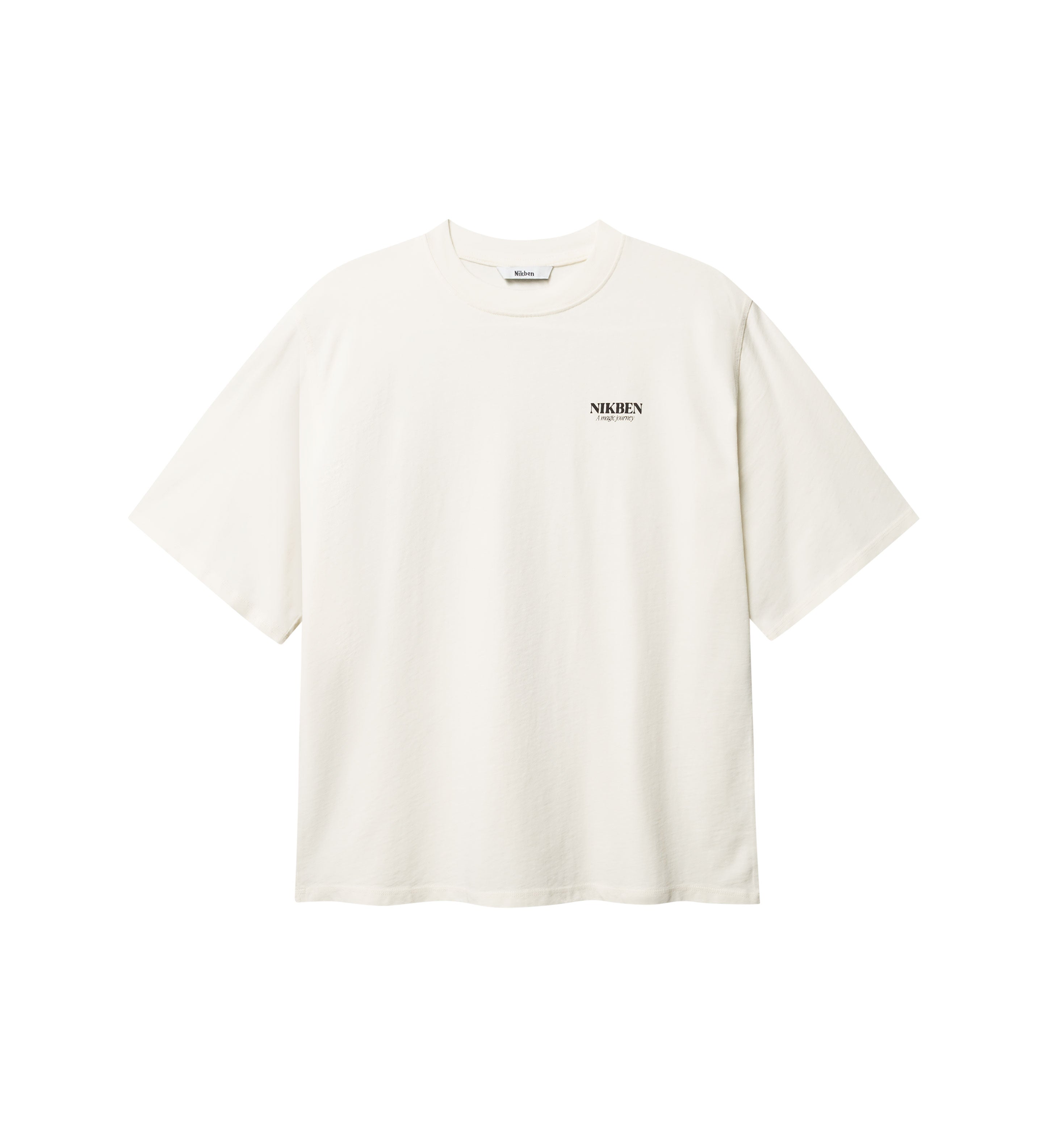Cream colored T-shirt with black Nikben logo on the chest