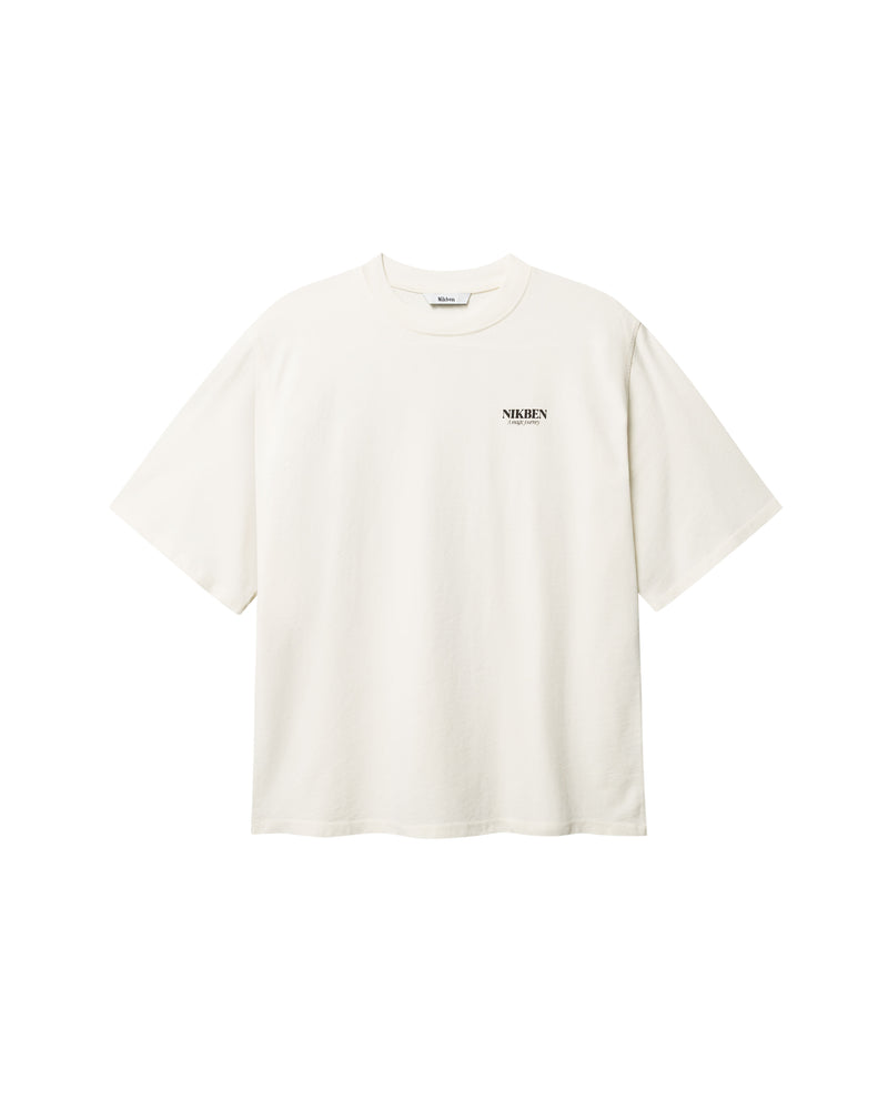 Cream colored T-shirt with black Nikben logo on the chest