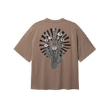 Brown T-shirt with black and white cactus print on the back
