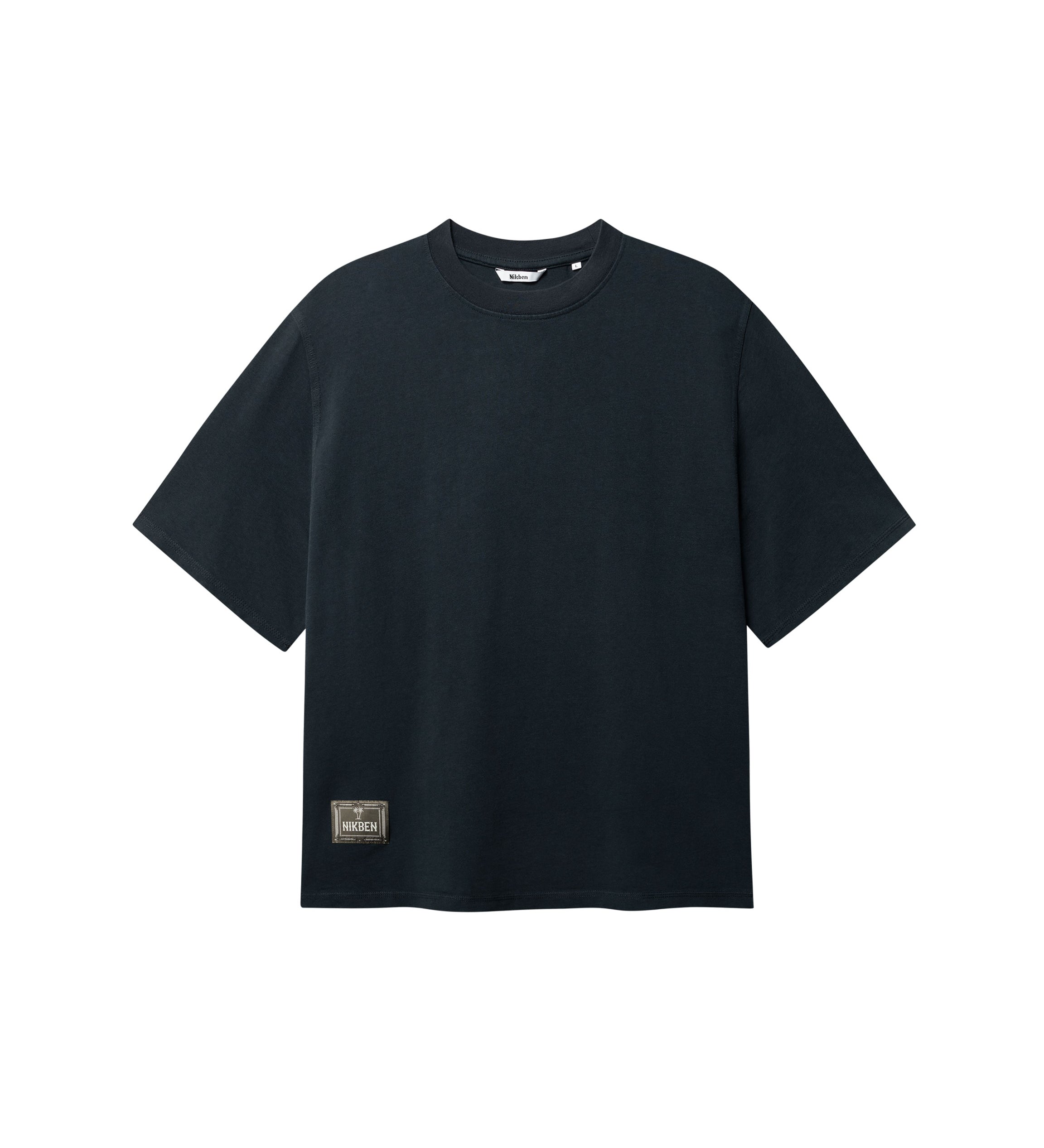 Black T-shirt with green Nikben patch logo on the lower left side 