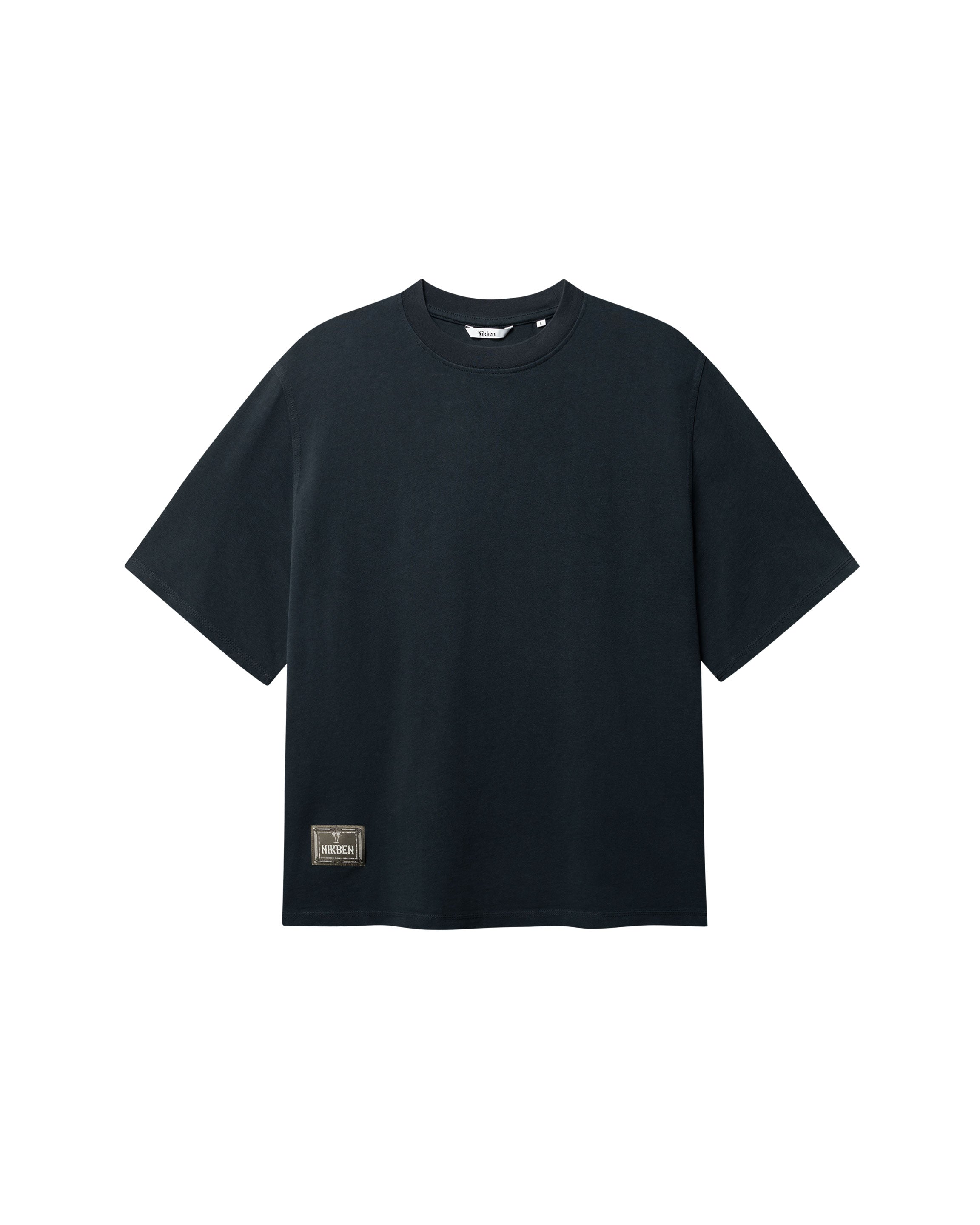 Black T-shirt with green Nikben patch logo on the lower left side 