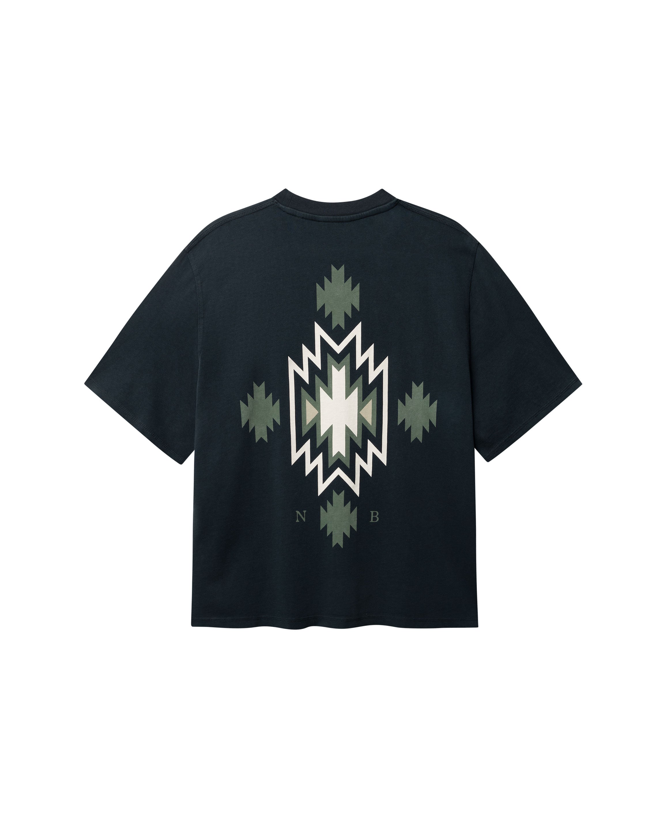 Back of black T-shirt with native inspired print in green, white and black