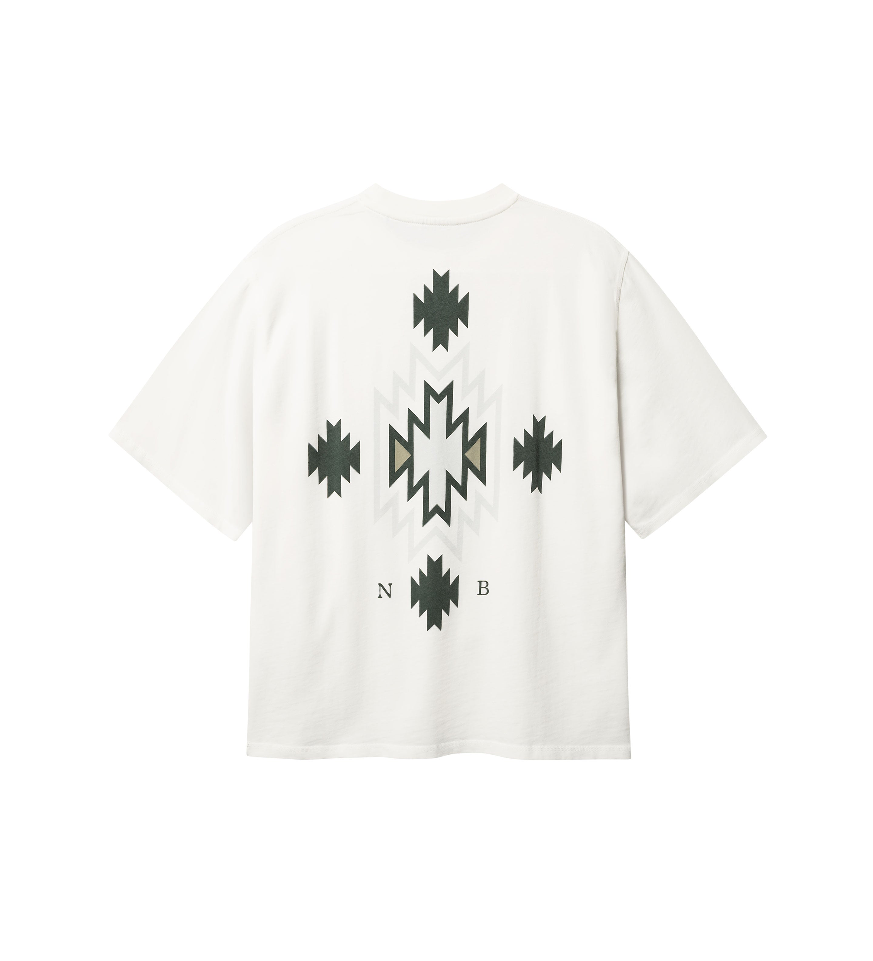 Back of white T-shirt with native inspired print in green and white
