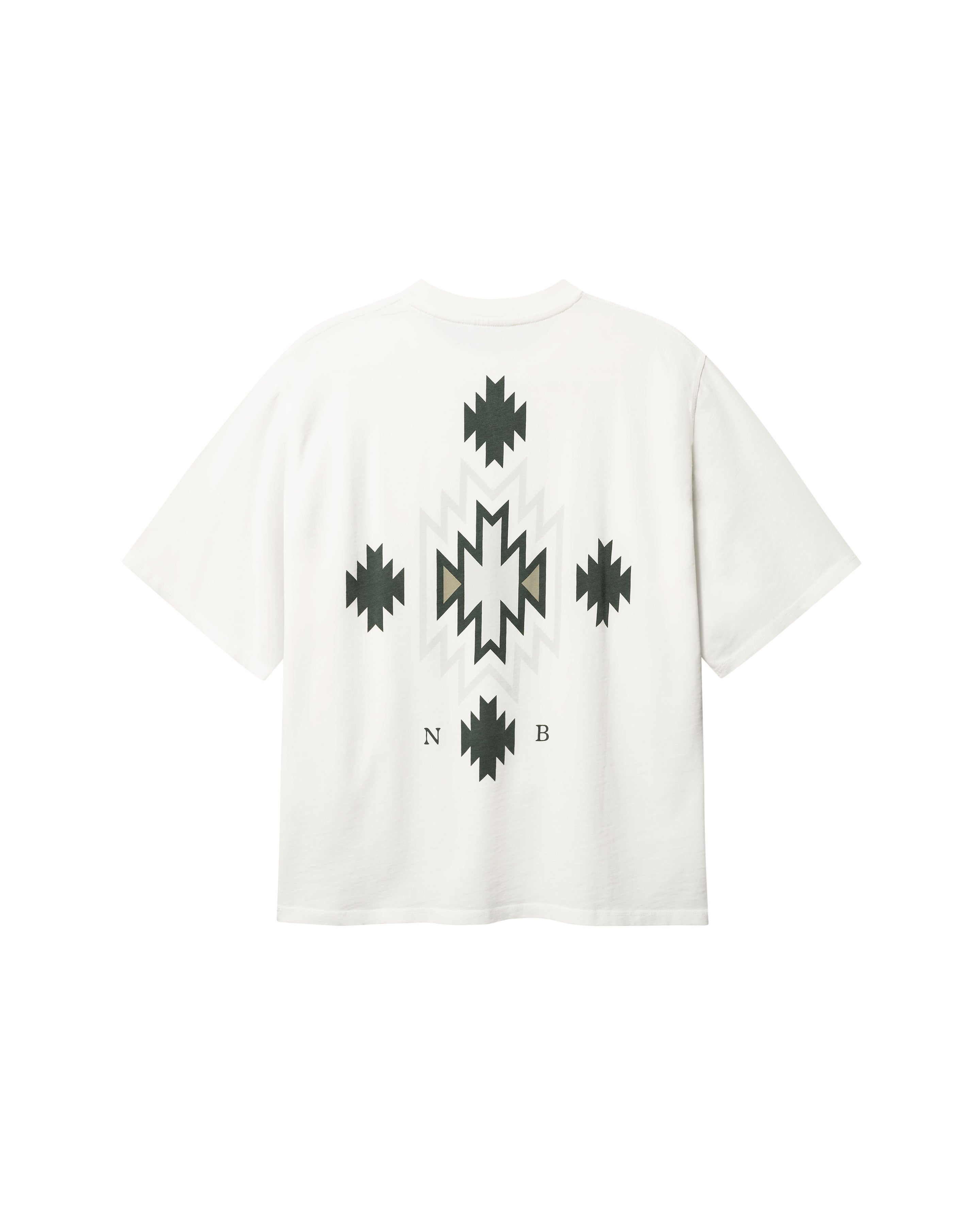 Back of white T-shirt with native inspired print in green and white