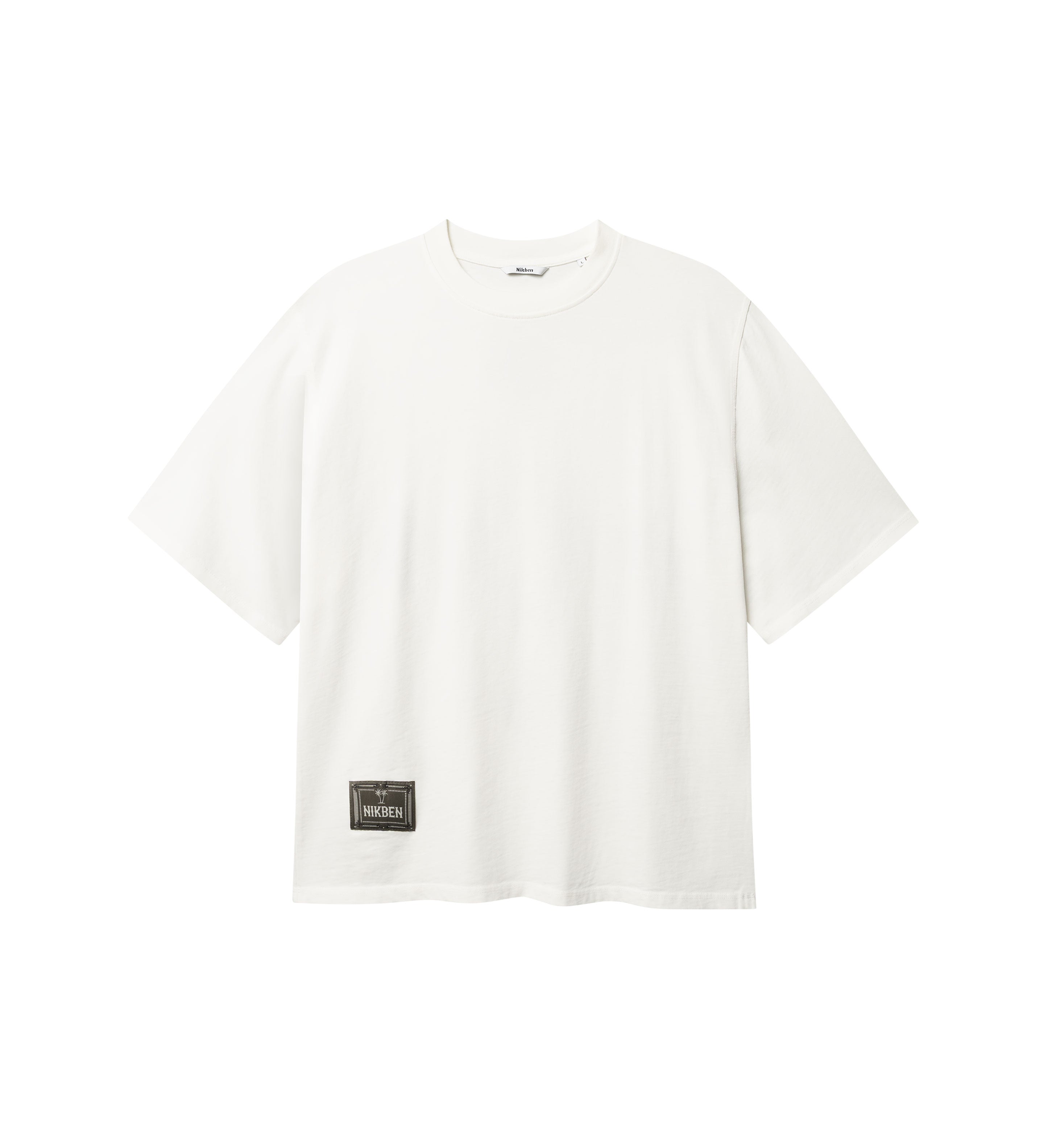 White T-shirt with green Nikben patch logo on the lower left side 