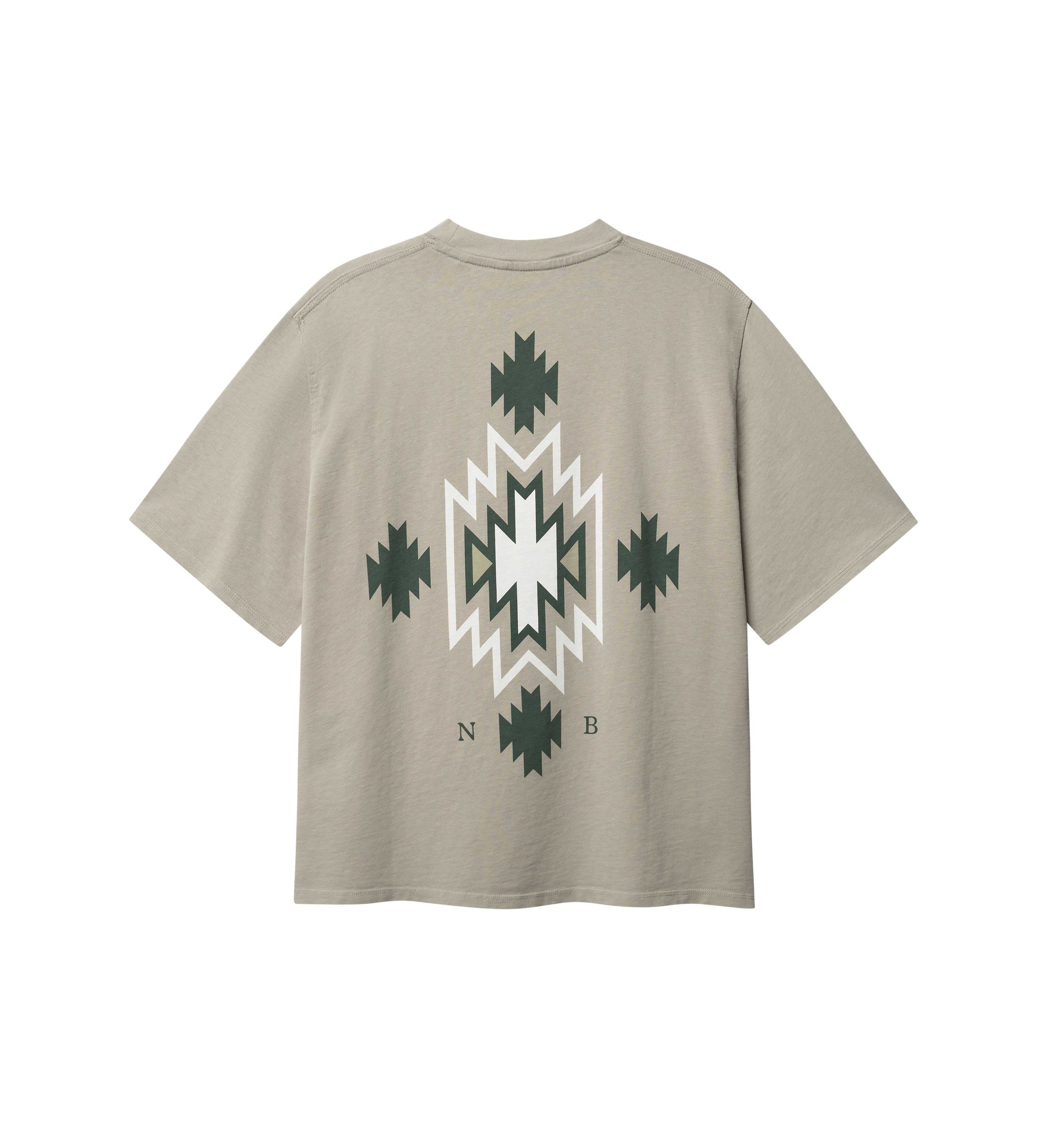 Back of beige T-shirt with native inspired print in green and white