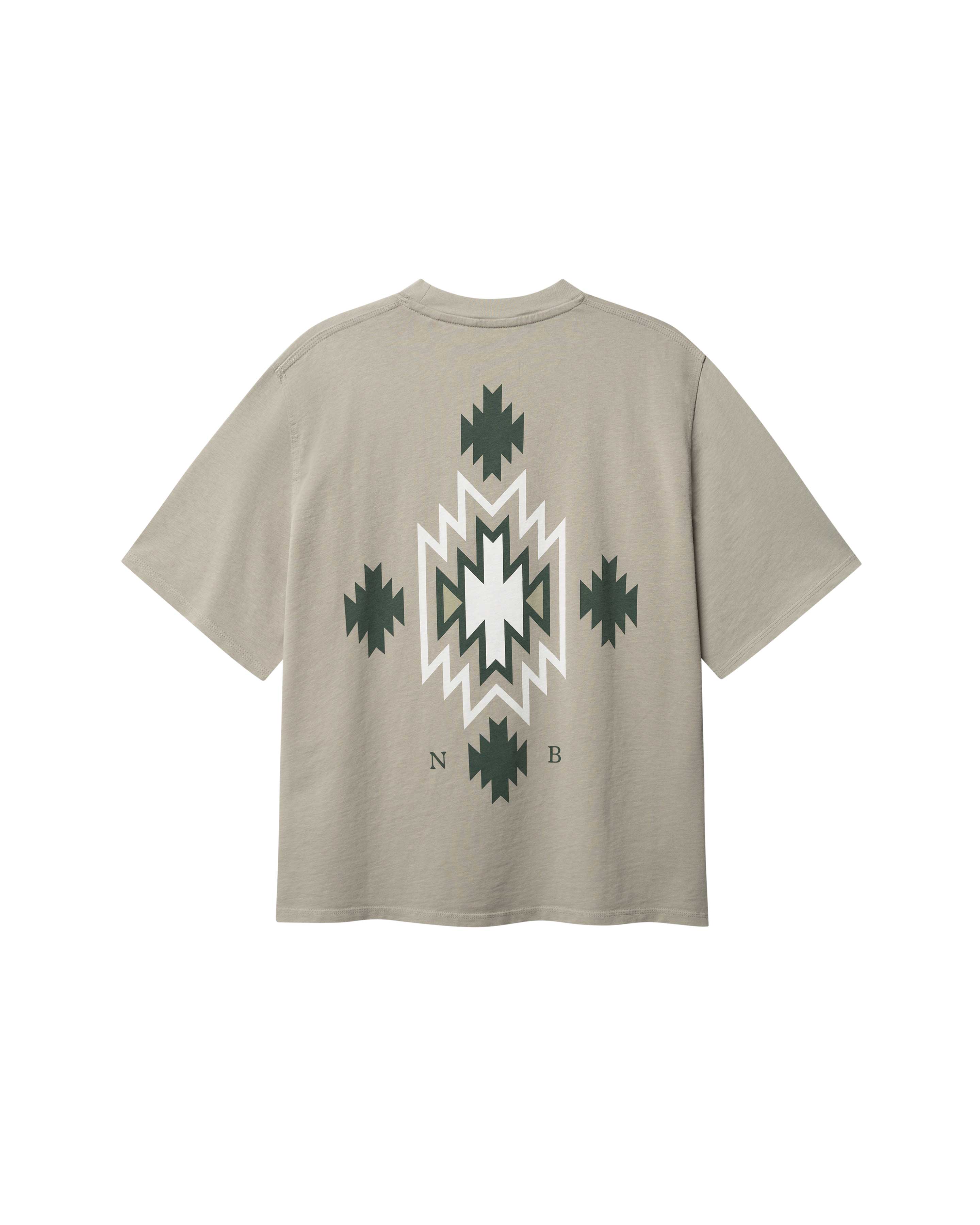 Back of beige T-shirt with native inspired print in green and white