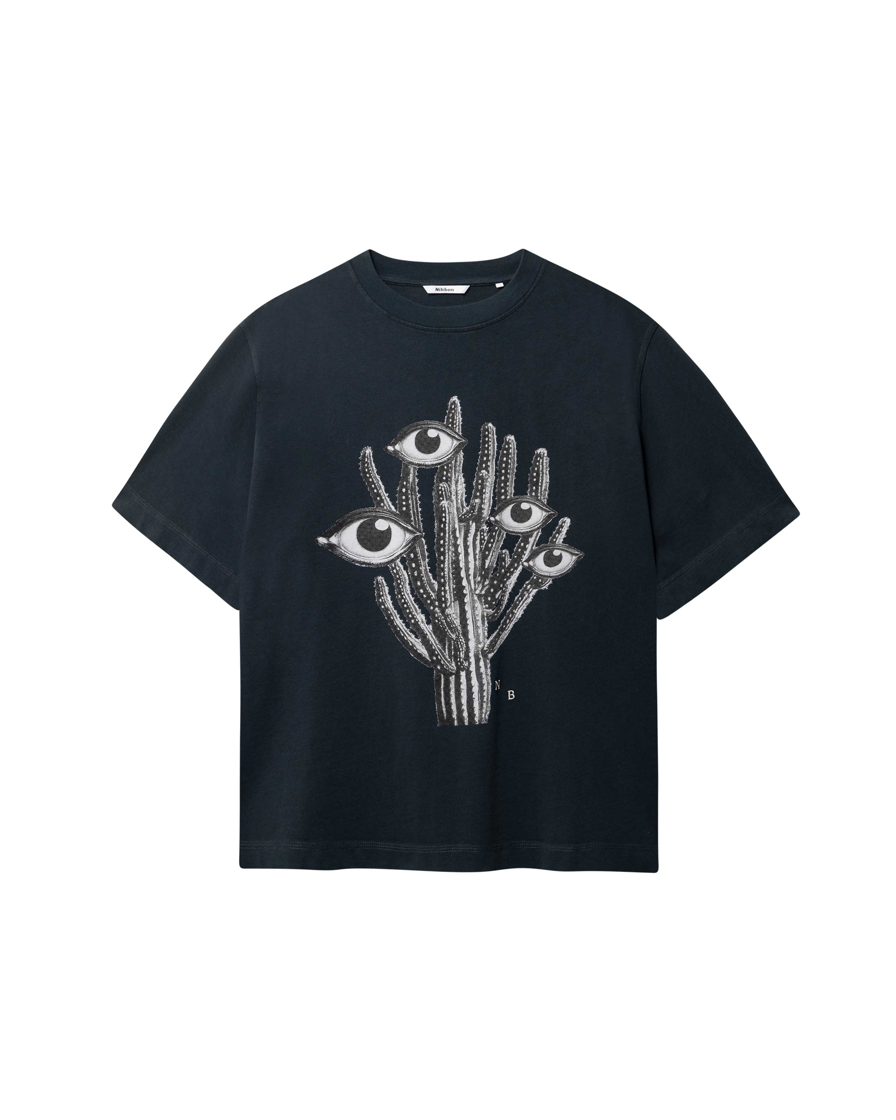 Black T-shirt with black and white cactus print in the middle