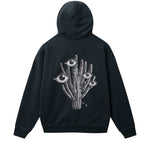 Black hoodie with black and white cactus print on the back