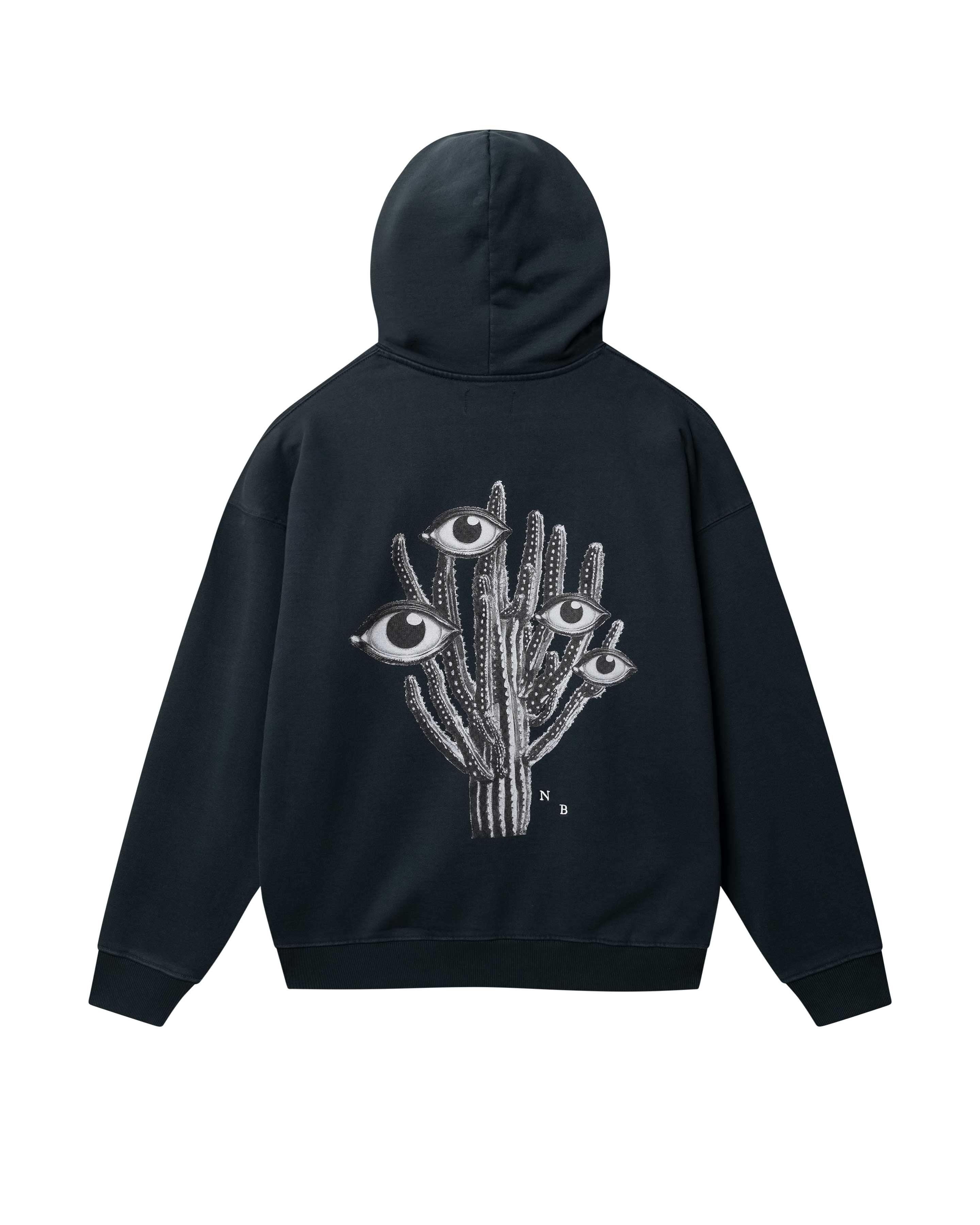 Black hoodie with black and white cactus print on the back