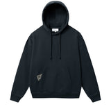 black hoodie with green Nikben patch label next to left pocket 