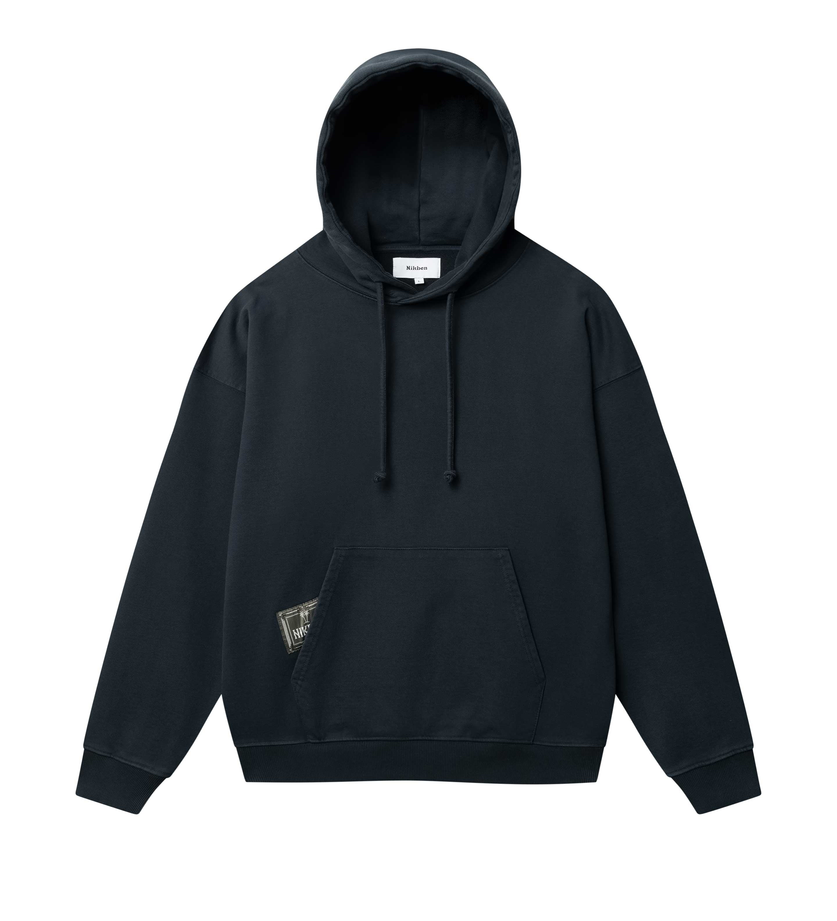 black hoodie with green Nikben patch label next to left pocket 