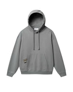 Grey hoodie with green Nikben patch label next to left pocket 