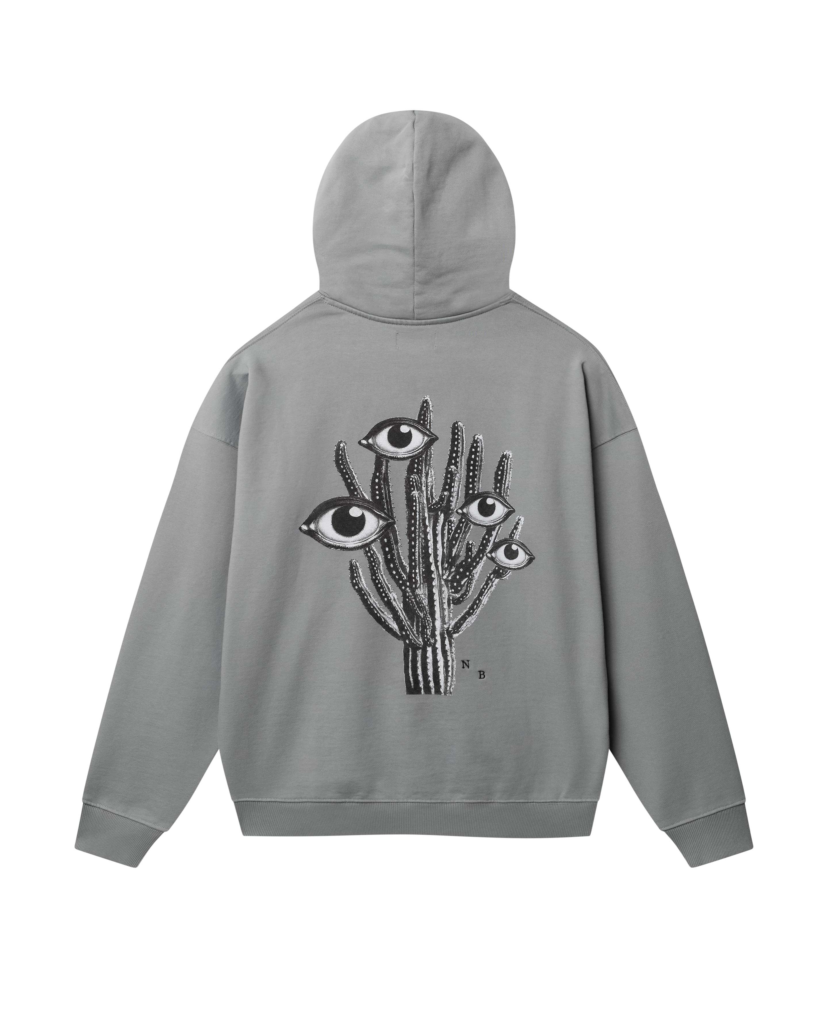 Grey hoodie with black and white cactus print on the back