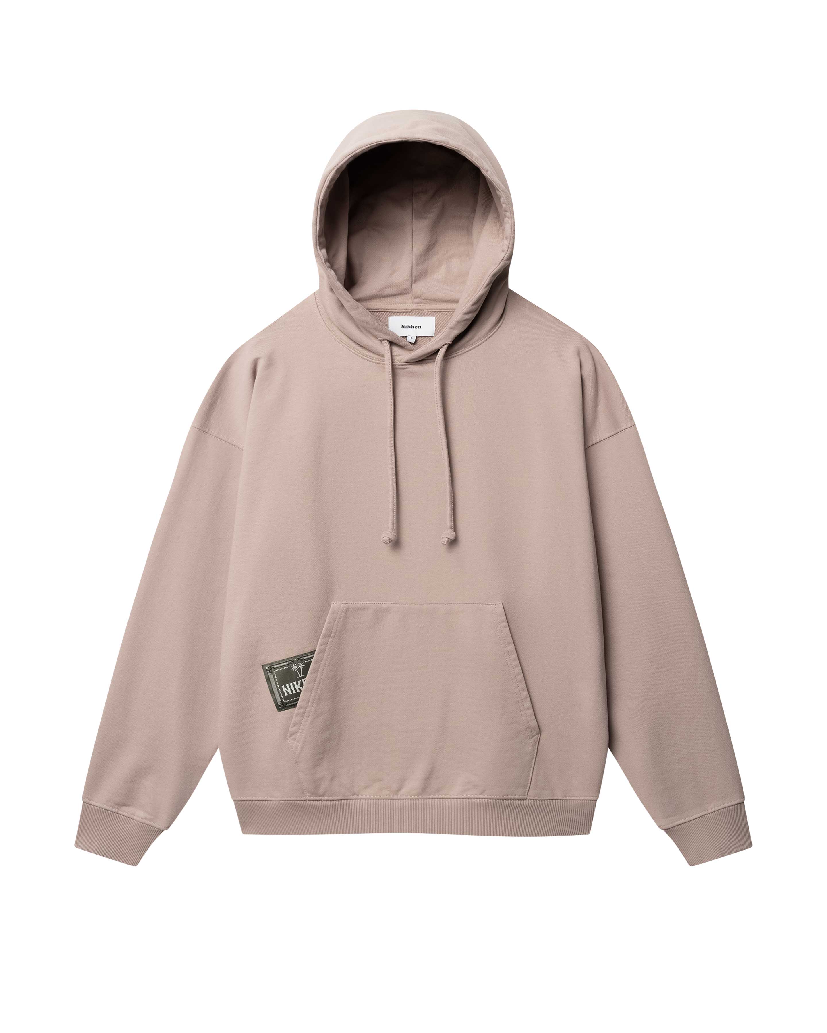 Brown hoodie with green Nikben patch label next to left pocket 