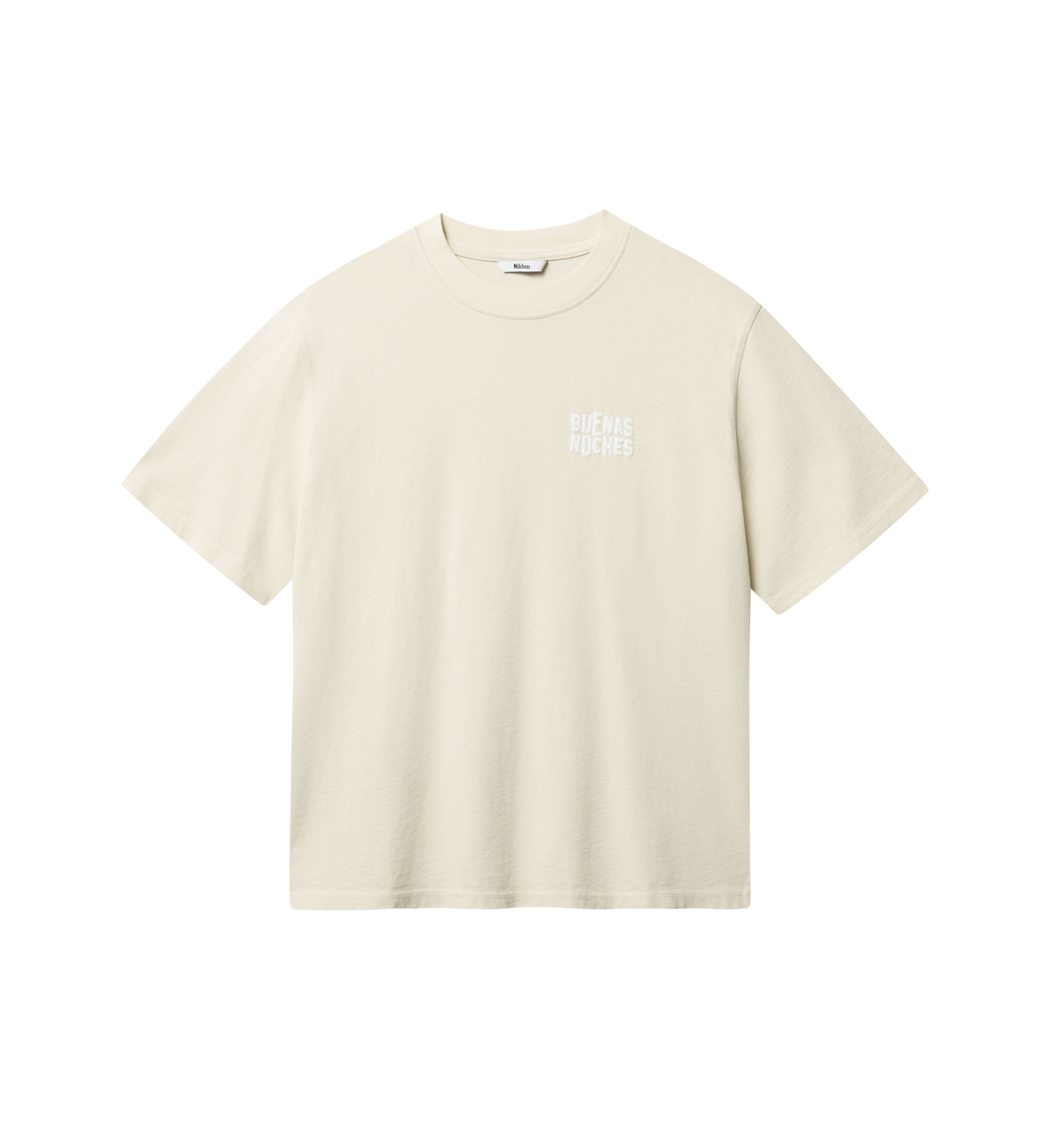 Biege T-shirt with white "BUENAS NOCHES" text print on chest