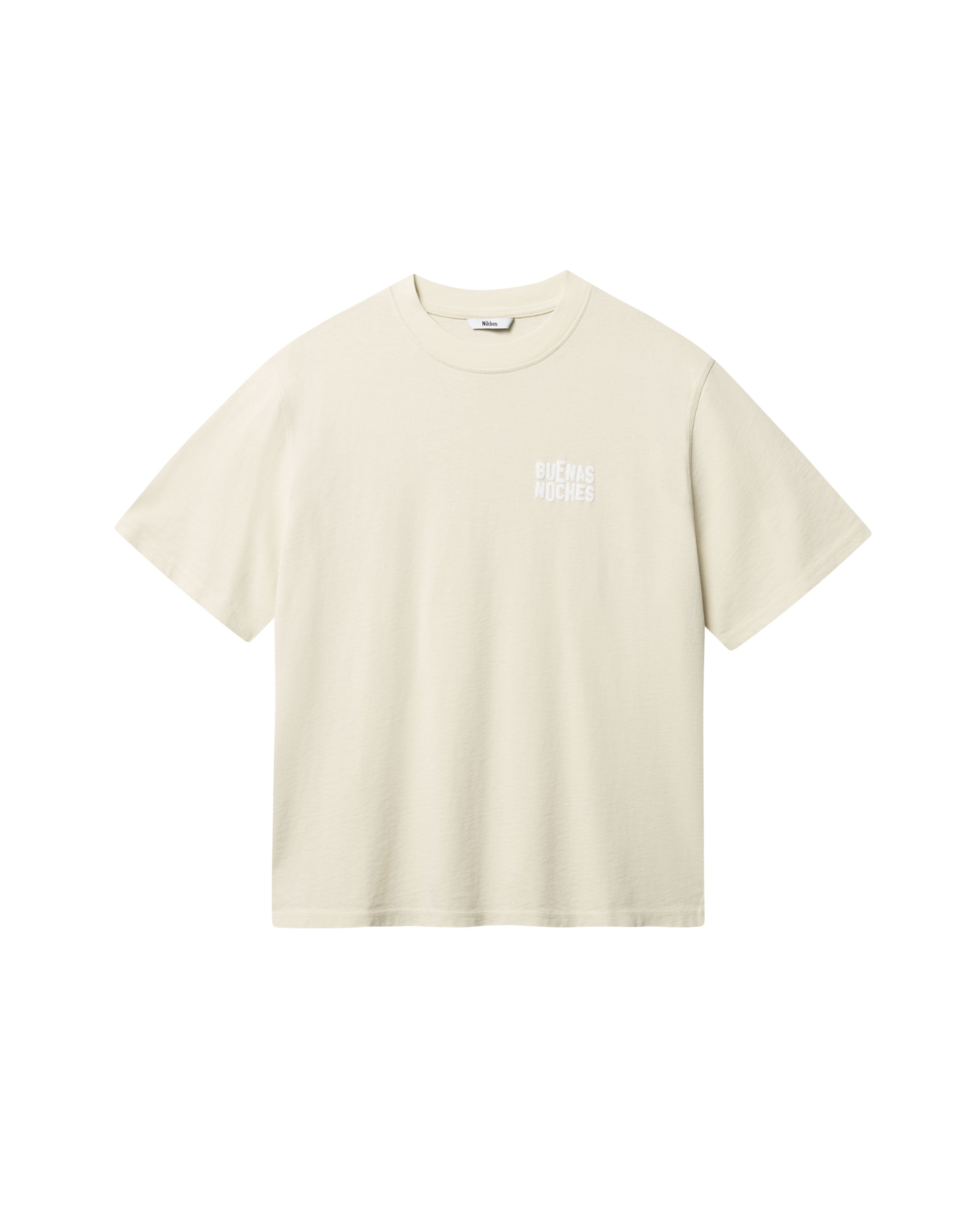 Biege T-shirt with white "BUENAS NOCHES" text print on chest