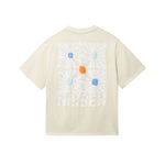 Beige T-shirt with "NIKBEN" text and blue, white and orange graphic print on the back