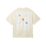 Beige T-shirt with "NIKBEN" text and blue, white and orange graphic print on the back