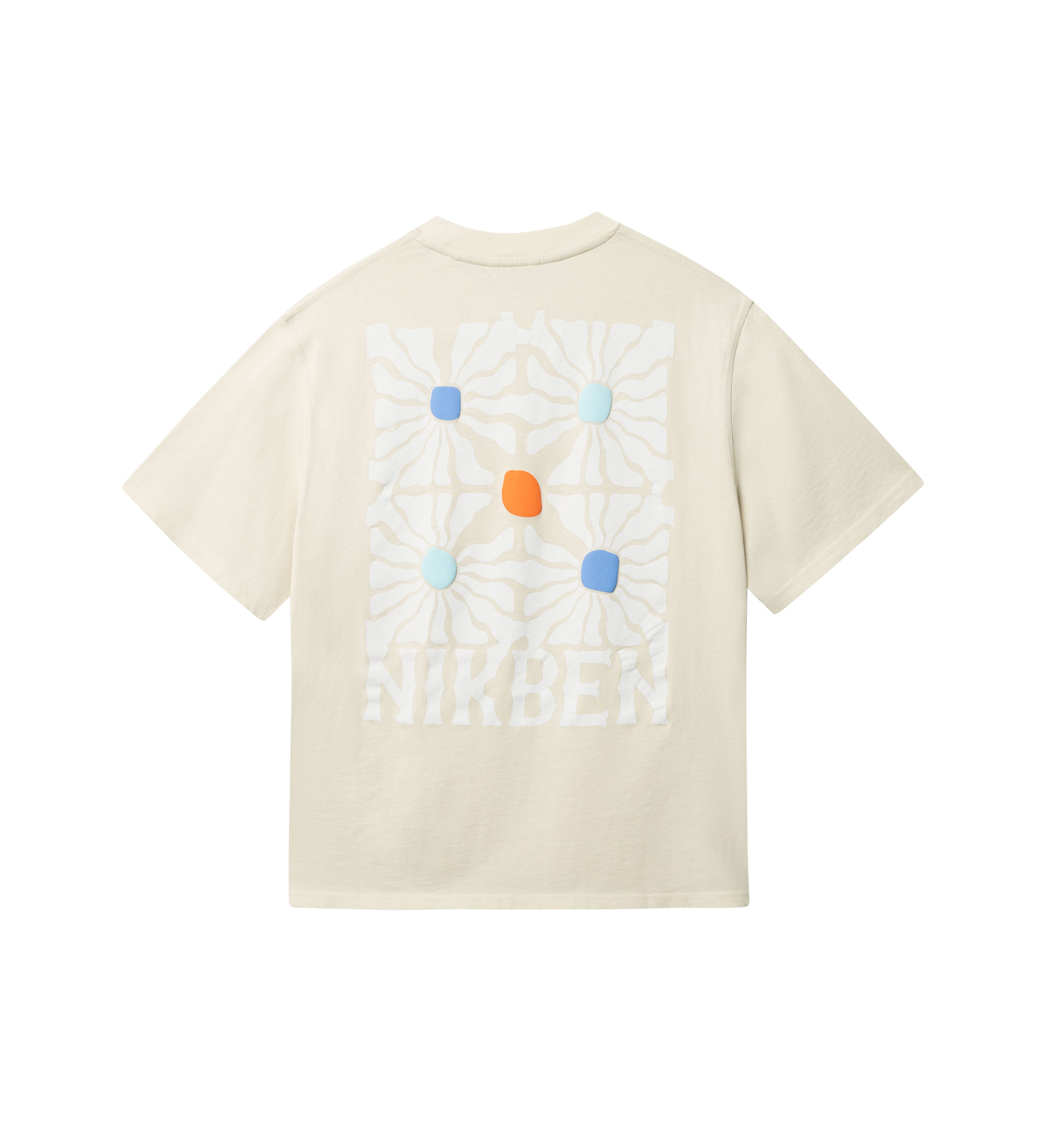 Beige T-shirt with "NIKBEN" text and blue, white and orange graphic print on the back