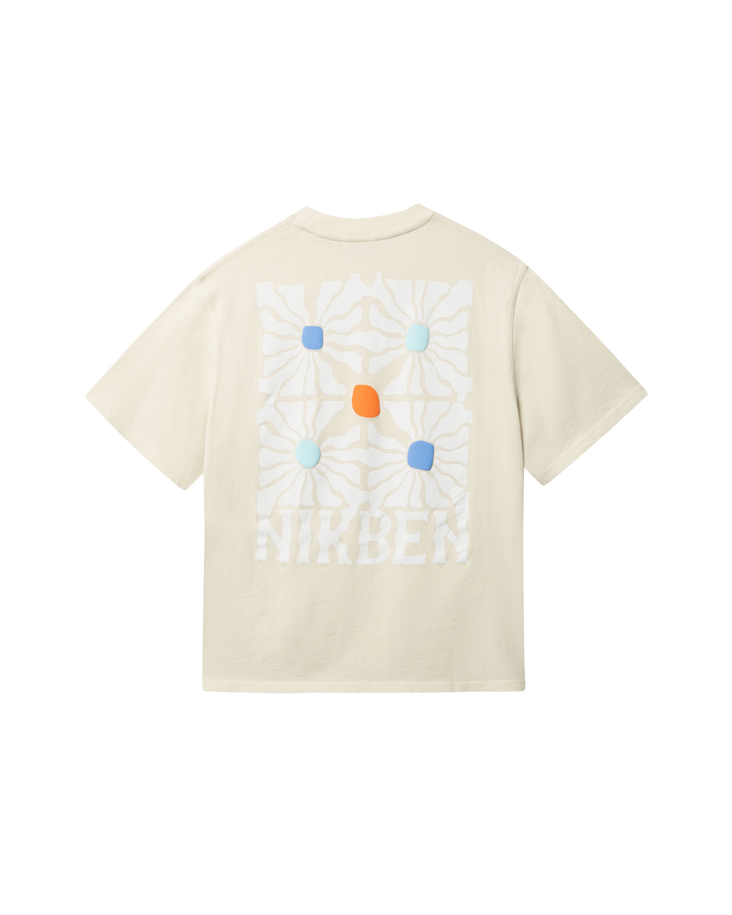 Beige T-shirt with "NIKBEN" text and blue, white and orange graphic print on the back
