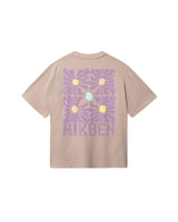 Brown T-shirt with "NIKBEN" text and blue, purple and yellow graphic print on the back
