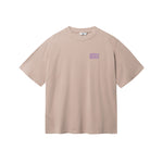 Brown T-shirt with purple "BUENAS NOCHES" text print on chest