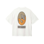 White T-shirt with green and orange print and "BAR NIKBEN" text on the back