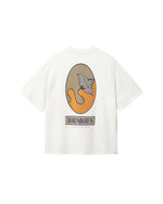 White T-shirt with green and orange print and 